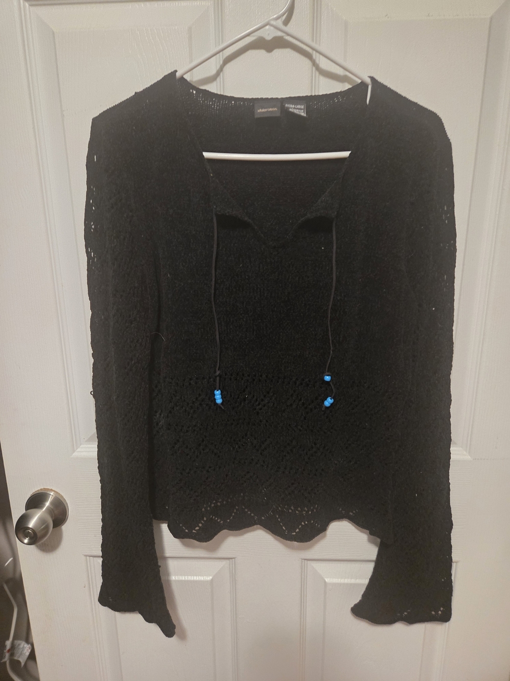 Xhilaration Black Crochet Hoodie Sweater with Blue Bead Accents